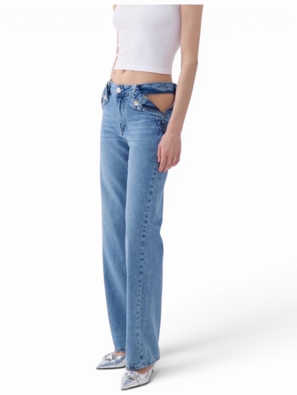 NOCTURNE Cutout Waist Straight-Leg High Waist Jeans in Light Blue